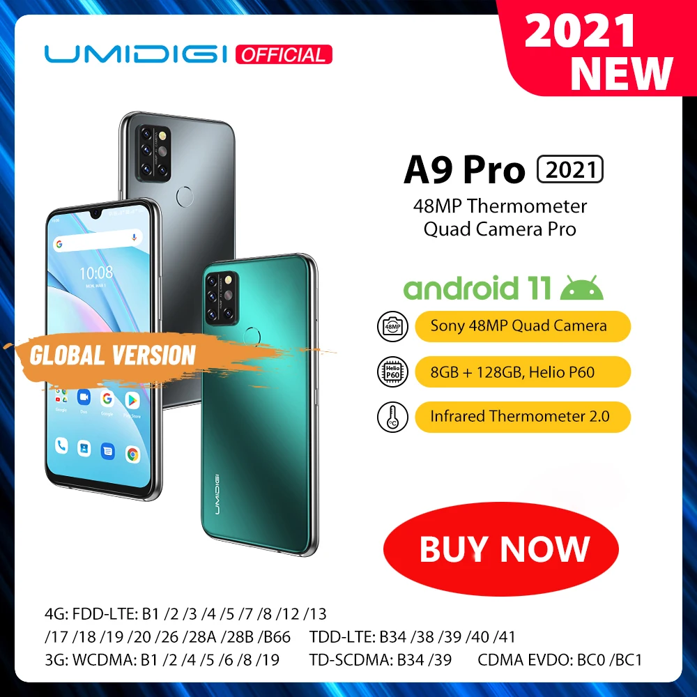 2021 UMIDIGI A9 Pro Android 11 RAM 8GB 128GB Samrtphone 48MP AI Matrix Quad Camera Helio P60 Octa Core 6.3"FHD+ Display 4150mAh