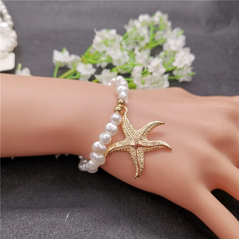bian gold haixin Золотой цвет, морская звезда, раковина, каури, ракушка, браслеты для женщин, имитация жемчуга, бусин, очаровательный браслет, Новая мода, пляжные ювелирные изделия - Окраска металла: bian gold haixin