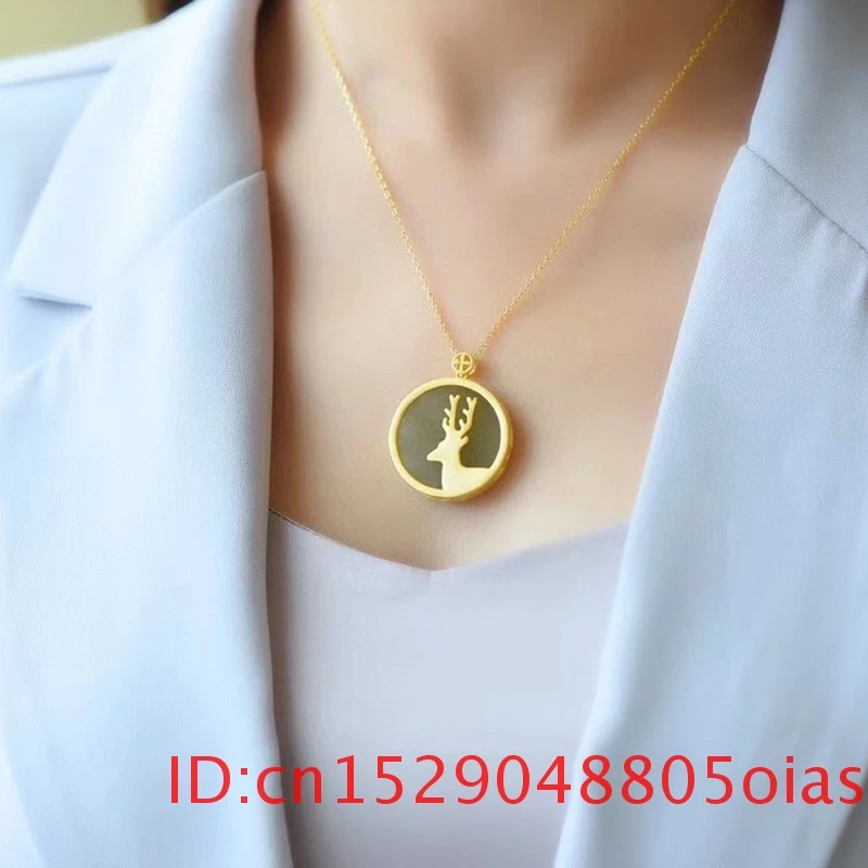 

Natural Hetian Jade Elk Deer Pendant Necklace 925 Silver for Amulet Jewelry Gifts Fashion Chalcedony Women