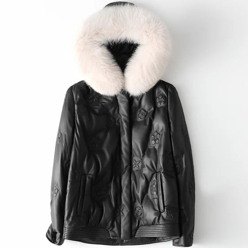 Fall Fashion Fox Collar Hooded Leather Down Jacket Women Casual Sheepskin Coat Winter Warm Thick High Quality Genuine Fur Jacket