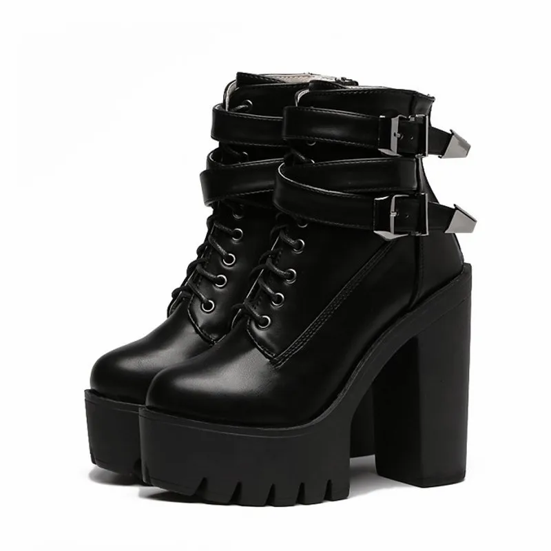 

Женские ботинки на платформе и высоком каблуке, черные кожаные короткие ботинки на шнуровке с пряжкой, демисезонные 2021