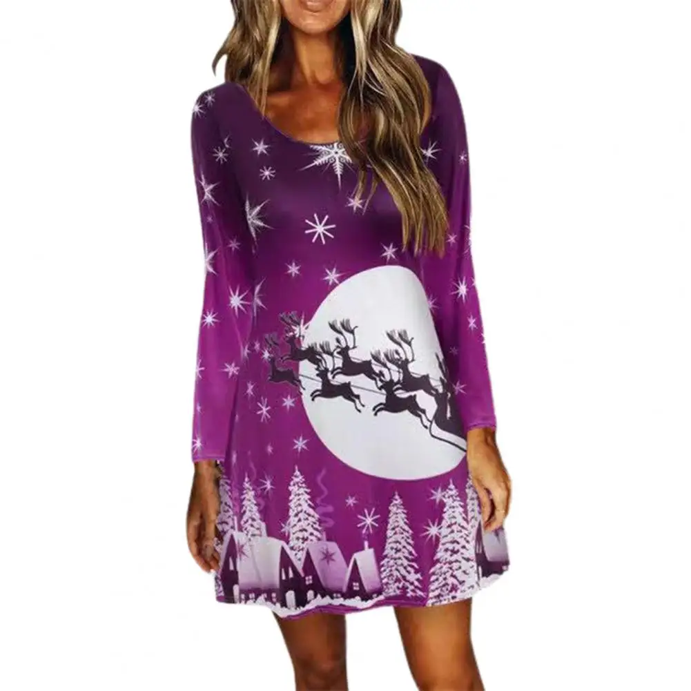 

dress for new year 2022 O-Neck Long Sleeve Festive Party Dress Elk Sled Moon Print Christmas Dress Female Clothing