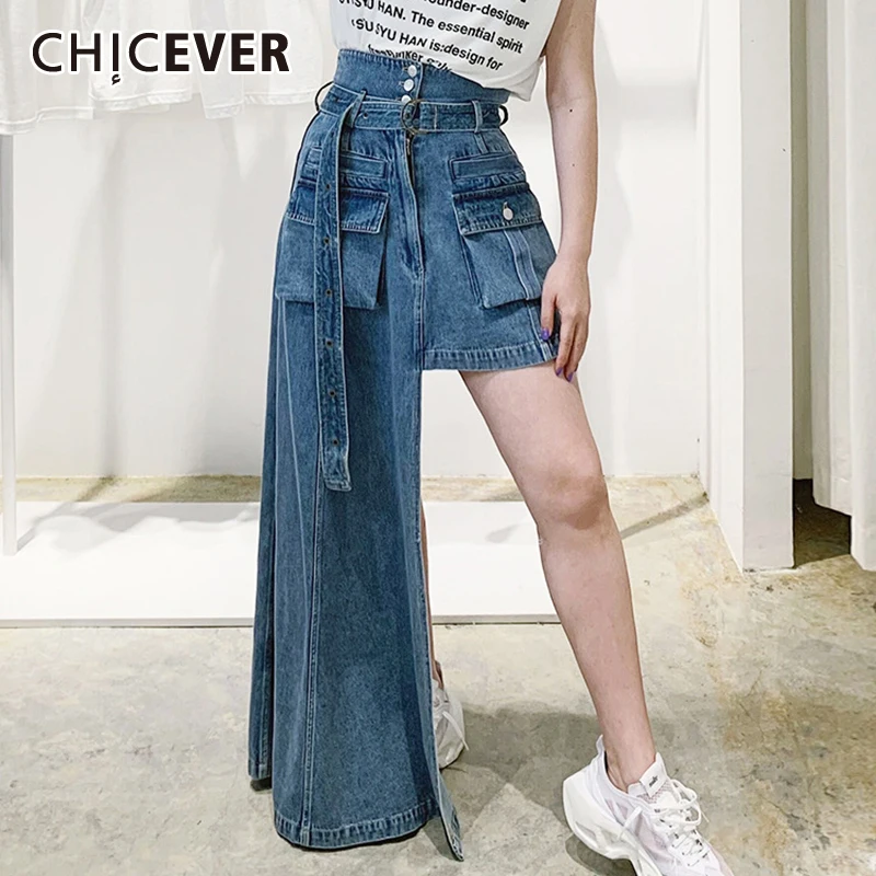 

CHICEVER Casual Blue Skirt For Women High Waist With Sashes Asymmetrical Hem Designer Streetwear Skirts Female 2021 Summer Tide