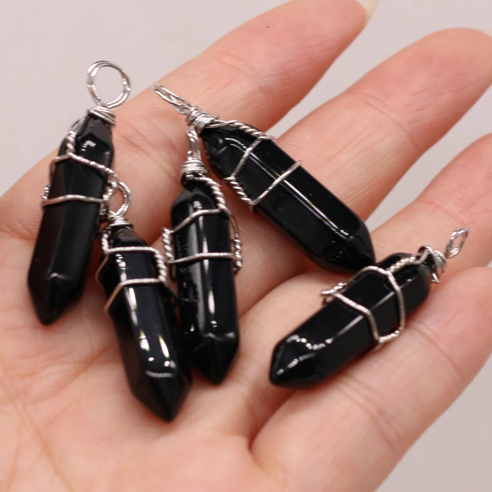 

Silver Wire Wrapped Hexagonal Prism Stone Black Agate Pendant Natural Reiki Healing Gem Charms for Jewelry Making DIY Crafts