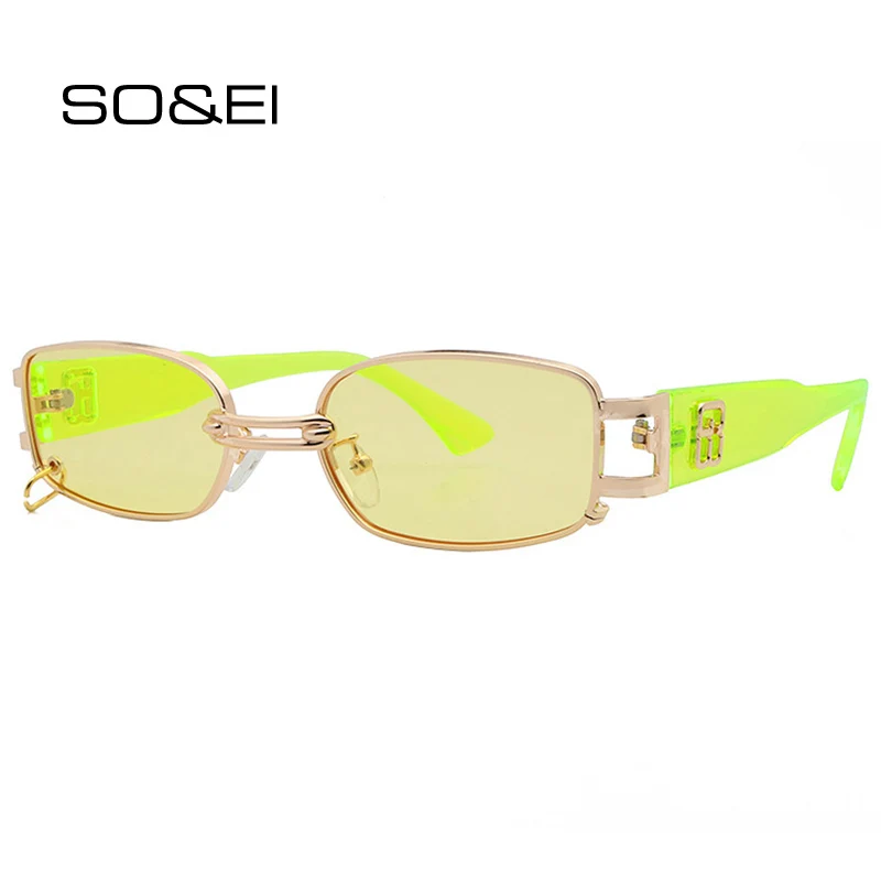 

SO&EI Ins Popular Fashion Rectangle Women Sunglasses Brand Designer Vintage Clear Fluorescent Green Sun Glasses Men Shades UV400