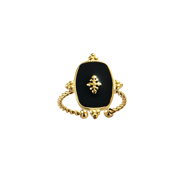 

Retro simple and non-fading fish bone black oil drip geometric 14K gold titanium steel open ring women men's luxury accessories