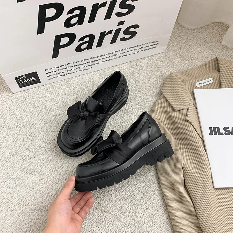 

2021 spring and autumn new leather shoes women's British style single shoes wedge round toe all-match thickened sole shoes women