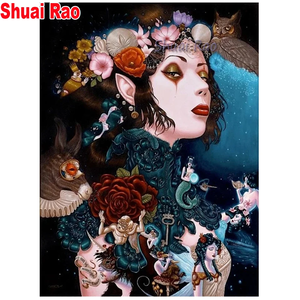 flower owl woman 3D diy Diamond painting cross stitch full square Round 5D New Embroidery amazing girl top gift | Дом и сад