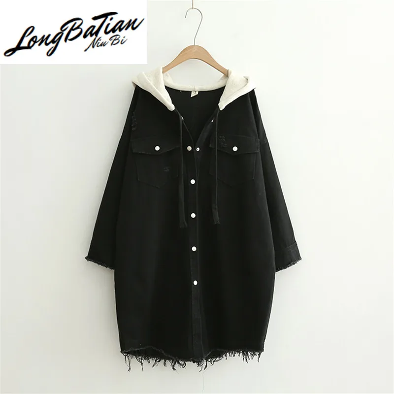 Ветровка женская джинсовая с капюшоном длинная куртка из денима черное пальто