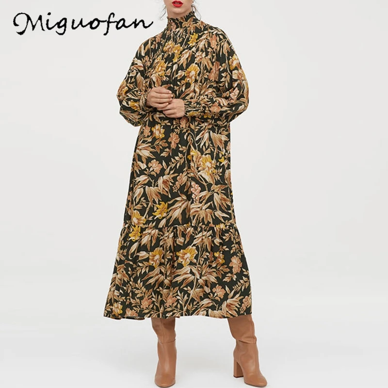 Женское платье с длинным рукавом Miguofan винтажное платье-макси высоким воротом и
