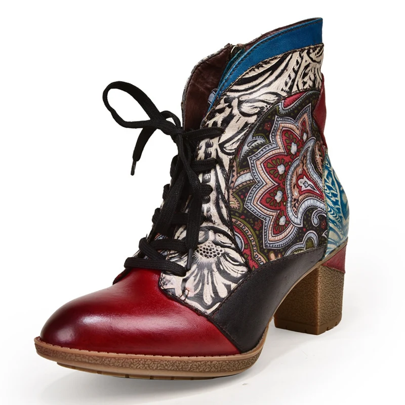 Женские ботинки из натуральной кожи на высоком каблуке богемные с принтом