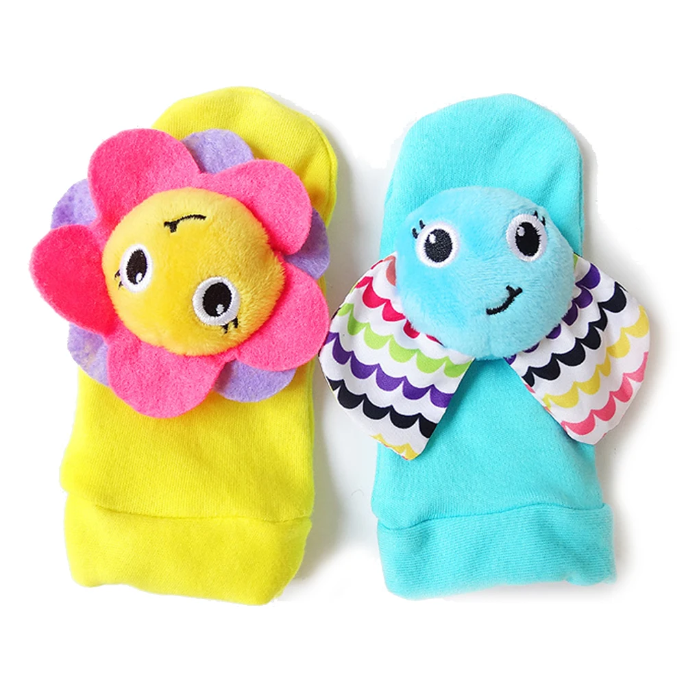 

2Pcs Bright vivid colors Cute Cartoon Flower Elephant Soft Wrist Band Socks Rattle Baby Infant Toy encourage baby touch explore