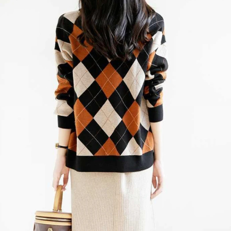 

Lucyever Plaid Women Sweater Loose Autumn Long Sleeve O Neck Knitted Jumper Causal Winter Soft Office Ladies Sueter Mujer 2021