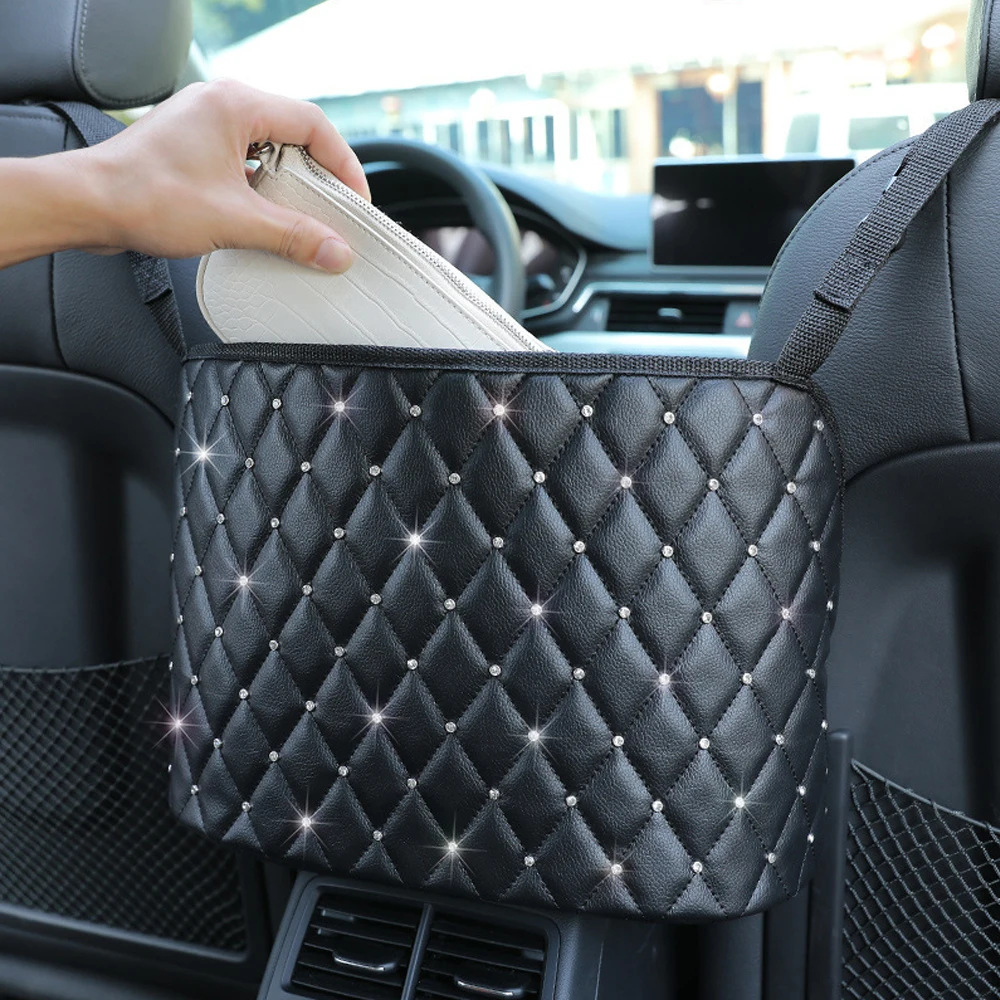 

Car Storage Bag Rear Seat Back Organizer Rhinestone PU Leather Handbag Holder Pocket Auto Stowing Tidying Interior Accessories