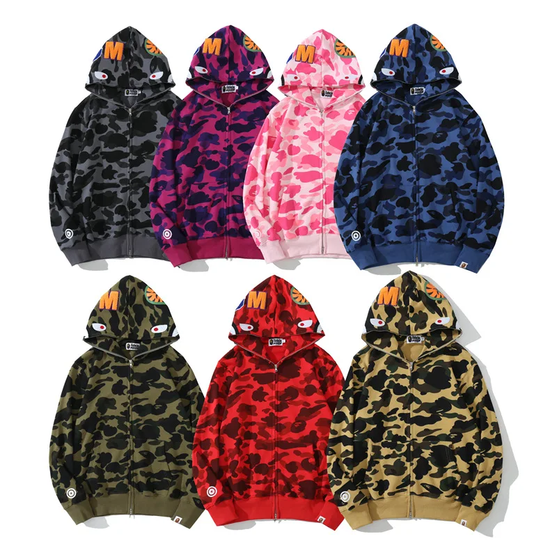 

Fall New High Quality Cotton Zipper Sports Jacket For Men Women Hip-hop Harajuku Embroidery Bape Shark Classic Camouflage Hoodie