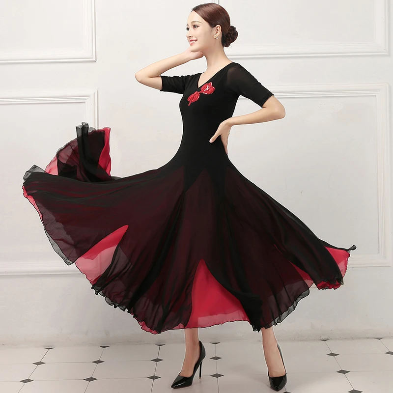2020 New red black Ballroom Competition Dress short sleeves Women Modern Dresses Standard Waltz | Тематическая одежда и