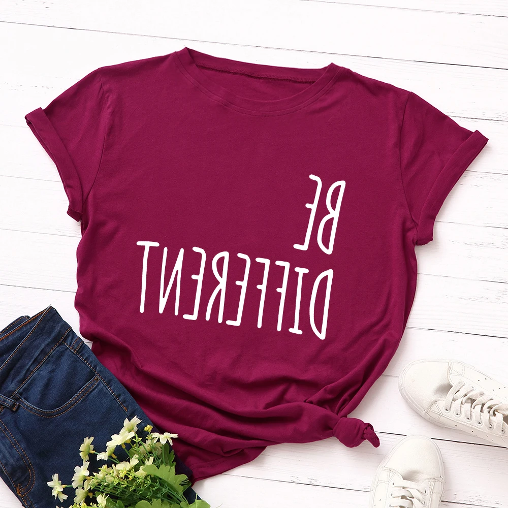 

Be Different Letter Women Short Sleeve Cotton T-Shirts Graphic Tees Summer Tee Tops for Female Loose Casual Oversized Clothes