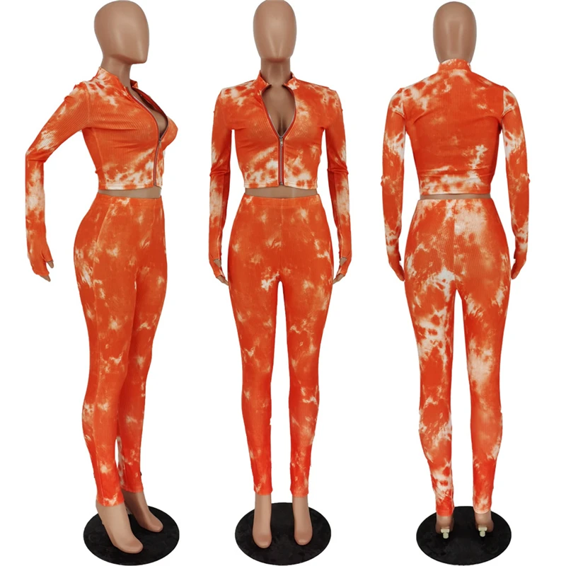 

Adogirl Tie Dye Print Ribbed Two Piece Set Women Tracksuit Zipper Long Sleeve Shirt Crop Top Pencil Pants Jogging Suit Outfits