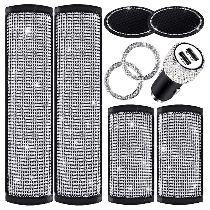 

9Pcs Bling Car Accessories Set, Crystal Seat Belt Cover, Bling Door Handle Cover, USB Car Charger, Bling Cup Coasters