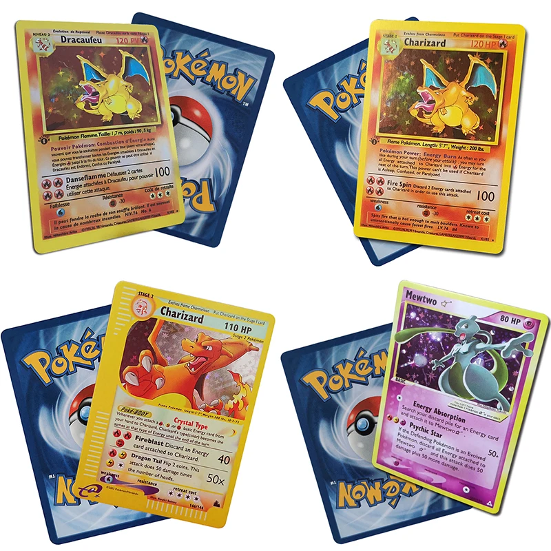 

Pokemon Charizard Mewtwo Dragonair card Base Set year 1996 French English First Generation Game Collection Flash card Kids Toys