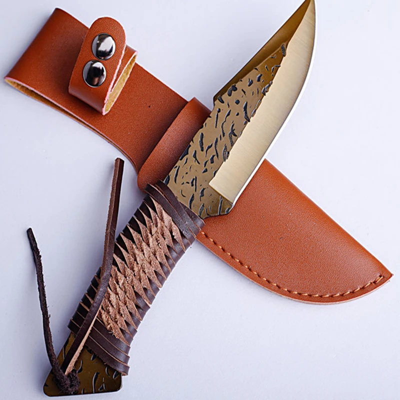 

High carbon steel forging knife tactical hunting straight outdoor camping blade Knives survival + Leather case Military knifes