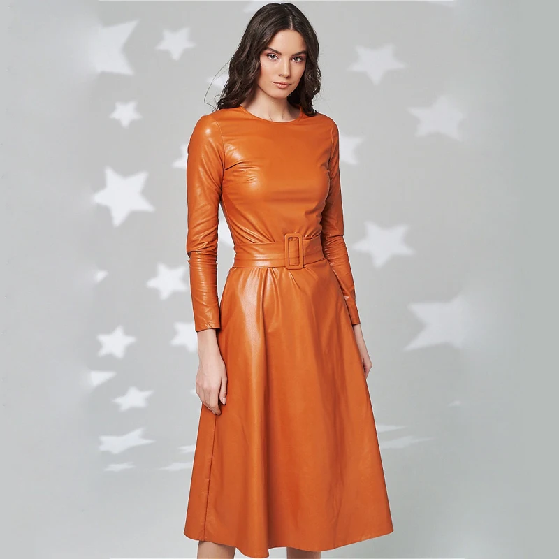 Faux Leather Dresses Women Long Sleeve Slim Fit PU Dress Sashes Belt Zipper Sexy Club Wear New Arrival 2021 Autumn Winter