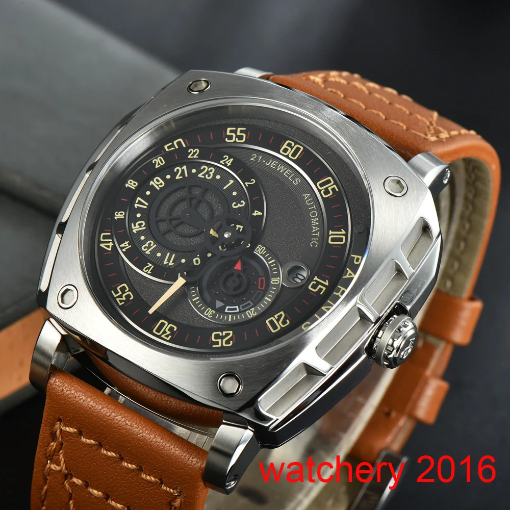 

47.5mm Parnis Sapphire Men's Automatic Watch Japan Miyota 8217 Black PVD Square Watch Black Face Leather Band Date New Arrival