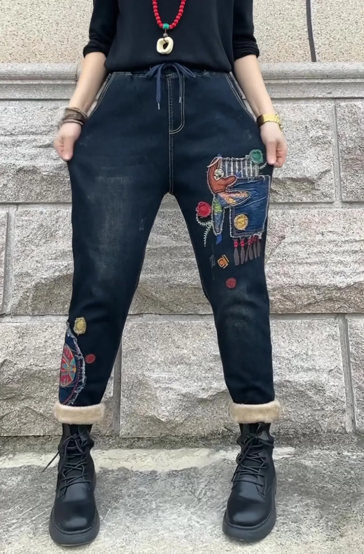 

618 Fall Winter Women High Waist Jeans Plus Velvet Warm Vintage Versatile Embroidery Harem Pants Streetwear Female Denim Trouser