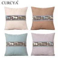 curcya like linen cushion covers applique ancient chinese horses throw pillow case for sofa office chair car decoration 45x45cm