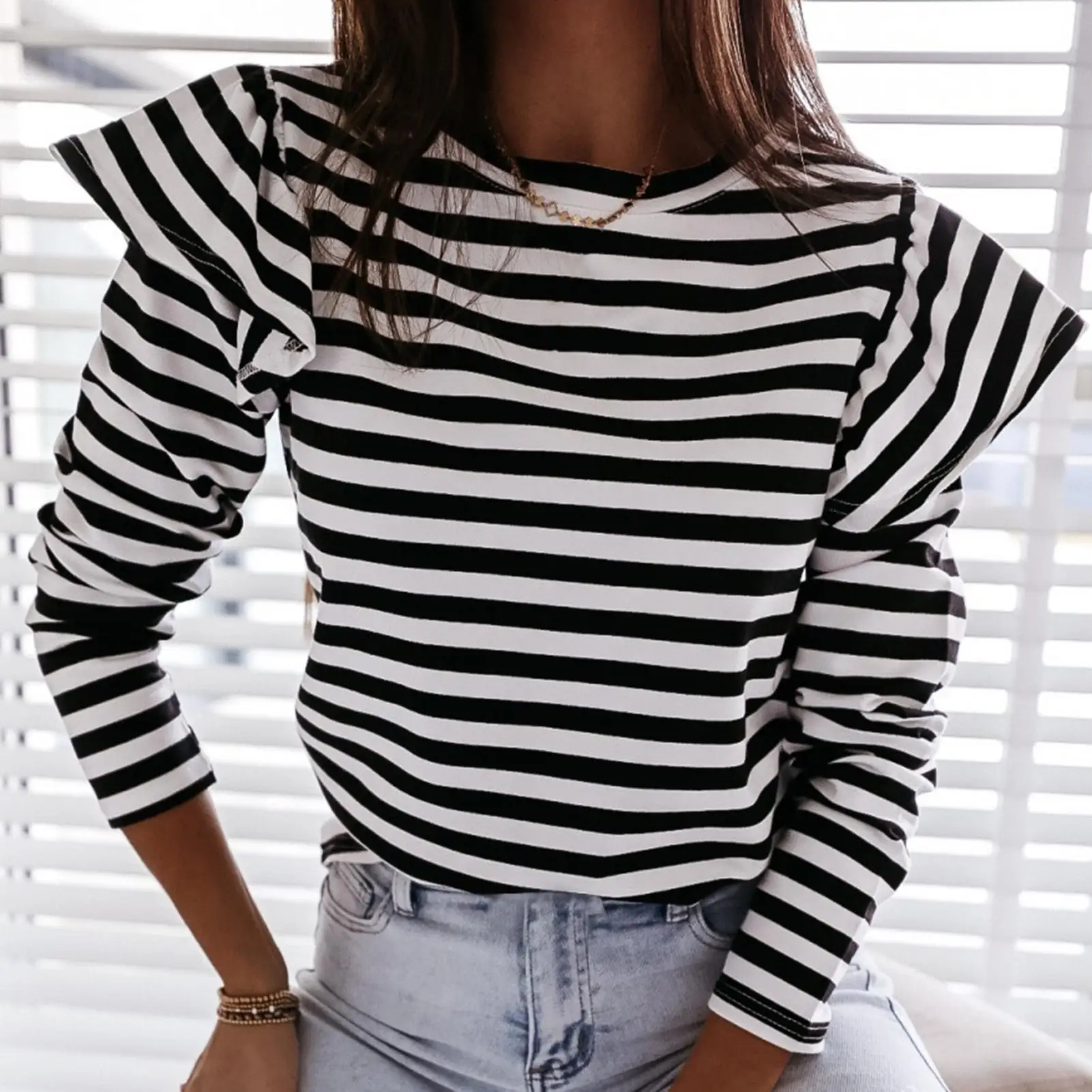 

Casual Long Sleeve Red White Striped Tops For Female Autumn Winter Ruffled Base Shirt 2020 Streetwear O-neck Women Tops