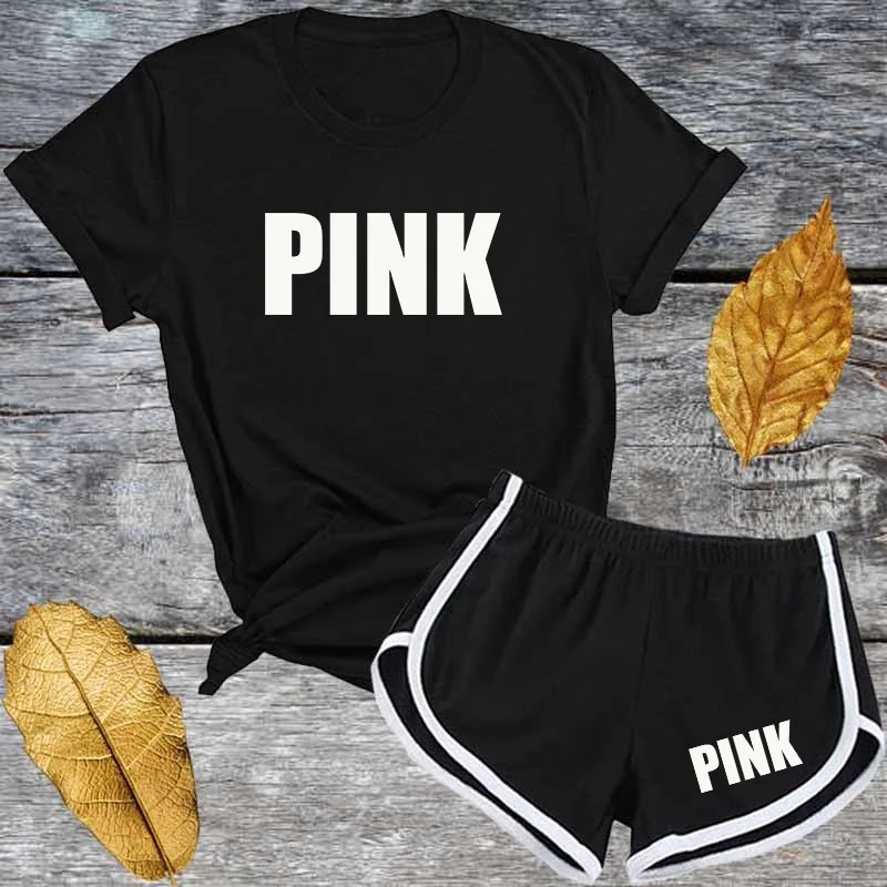 

Tracksuit Set 2 Piece Suits Cute Pink Letter Women Short Sleeve T Shirt and Shorts Summer Woman Fashion Casual