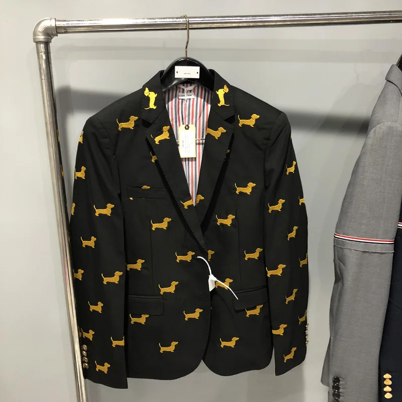 

Мужской однобортный Блейзер с вышивкой в виде щенка, приталенный Повседневный шерстяной черный пиджак, брендовая одежда, 2021