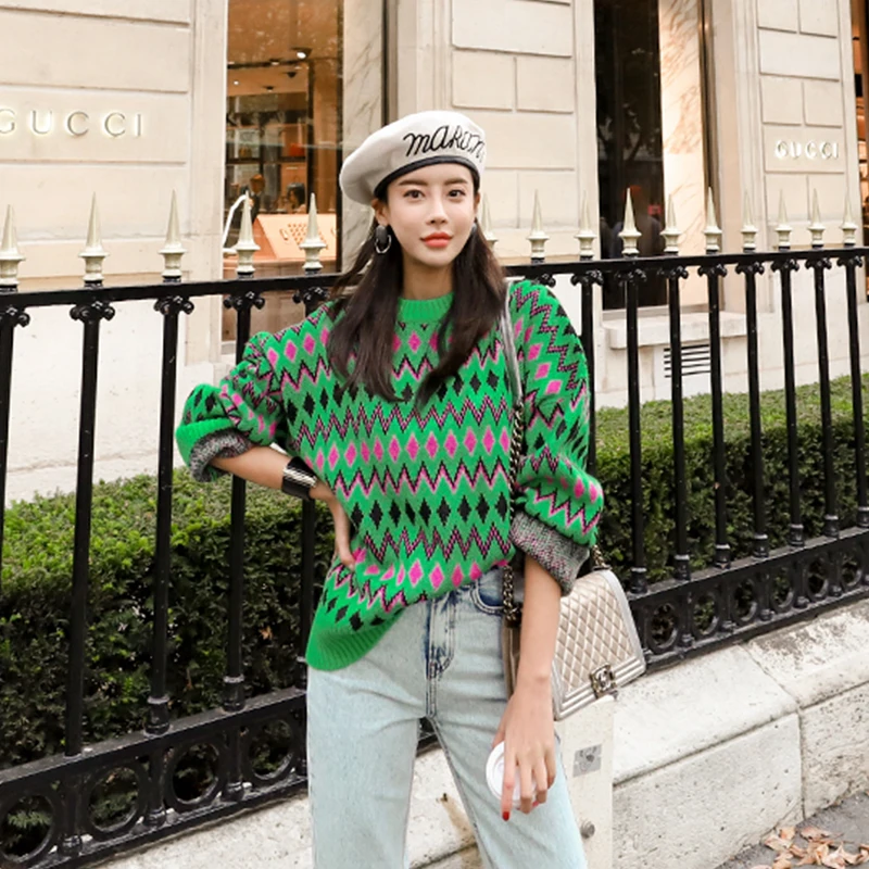 

Years dong han edition diamond lattice model to keep warm and comfortable loose knitting wool unlined upper garment