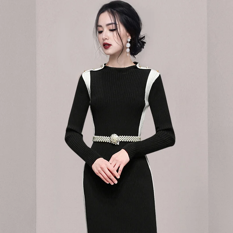 Женское трикотажное платье Jum черно-белое с длинным рукавом и пуговицами новинка