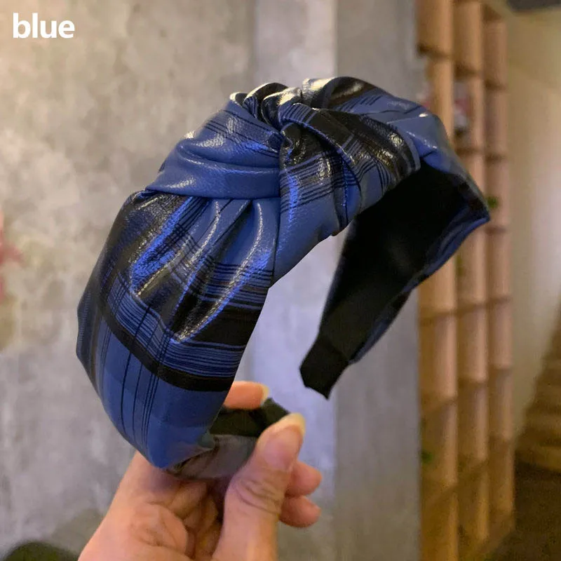 Plaid blue Ретро завязанная повязка на голову ручной работы из искусственной кожи ободок с бантиком женские аксессуары для волос Меховой обруч на голову корейский модный головной убор - Цвет: Plaid blue