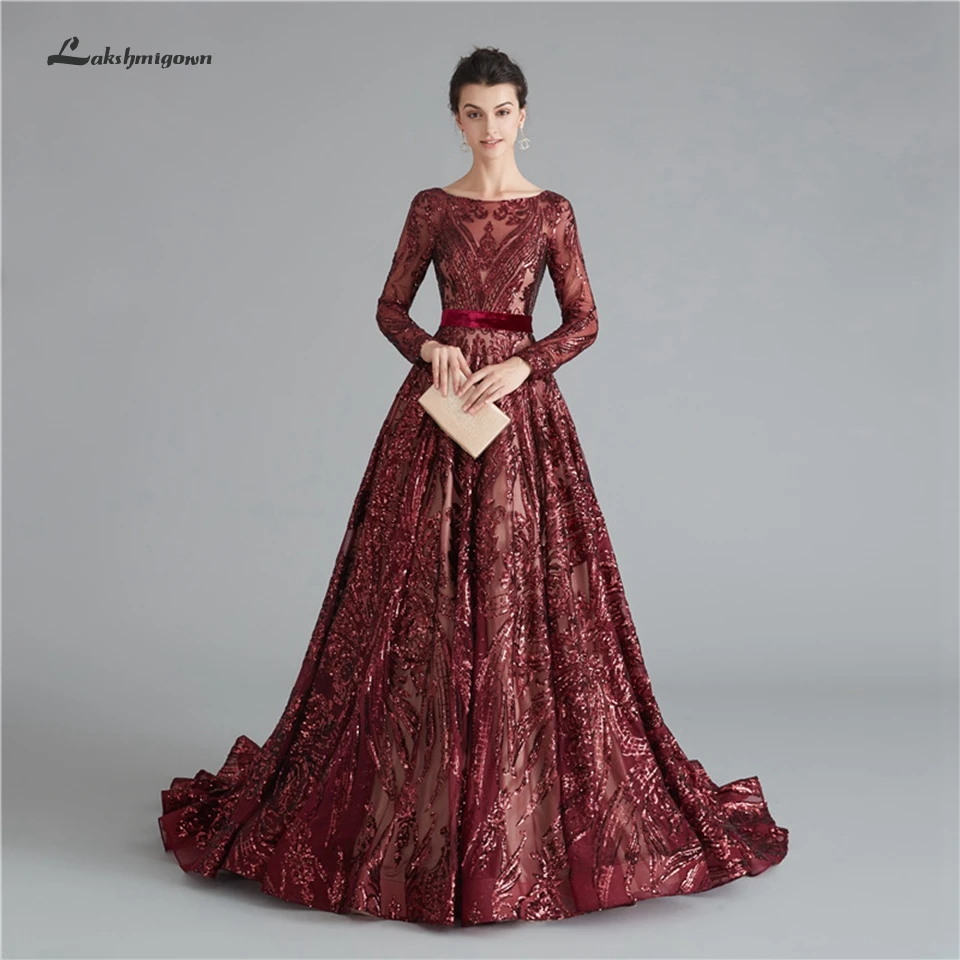 Lakshmigown Dubai Muslim Evening Party Gowns Dresses Burgundy Elegant Arabic Women Sequins Prom Dresses Long Sleeves