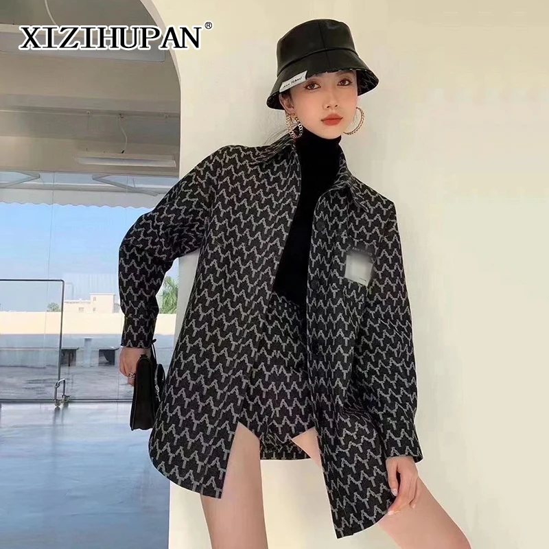 

XIZIHUPAN Print Casual Playsuits For Women Lapel Long Sleeve Denim Blouses High Waist Short Pants Korean Women's Sets 2021 Tide