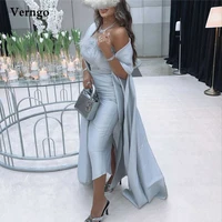 verngo dubai women pale blue satin mid length formal evening dresses with jacket feather elegant prom gowns hot sale 2021