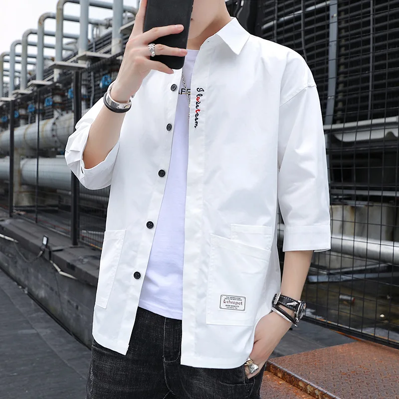 

2020 spring and autumn thin men's quarter sleeve Korean fashion shirt casual loose tooling handsome inch shirt