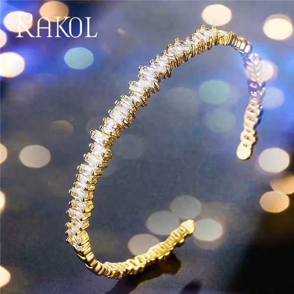 RAKOL AAA+ кубический цирконий багет Bijoux манжета Теннисный браслет и браслет с розовым золотом женские свадебные ювелирные изделия - Окраска металла: Gold Color