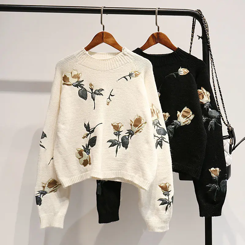 

Женский винтажный свитер с высокой талией, короткий пуловер с цветочной вышивкой в Корейском стиле для студентов, Осень-зима