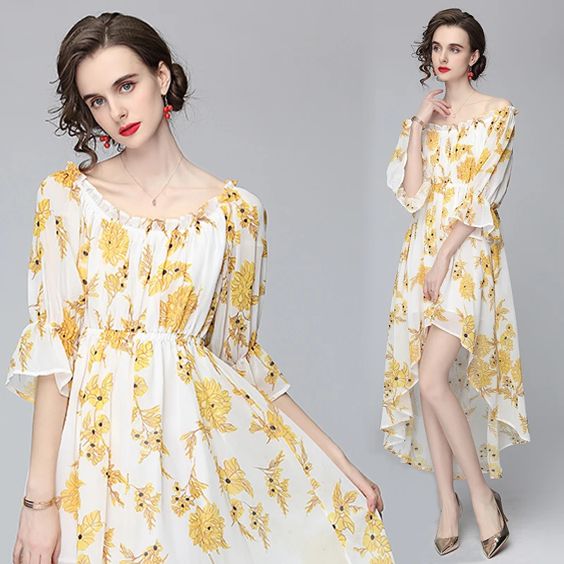 

Simgent High-Low Dress Summer Women Puff Sleeve Print Slash Neck Dresses Woman Clothes Vestidos 2021 New Fashion SG1471