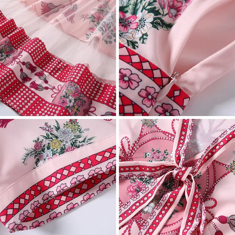 

2019 Fall New Elegant Bow Collar Dress Flower Print Patchwork Mesh A-Line Dresses Women Short Sleeve Party Midi Dress Vestidos