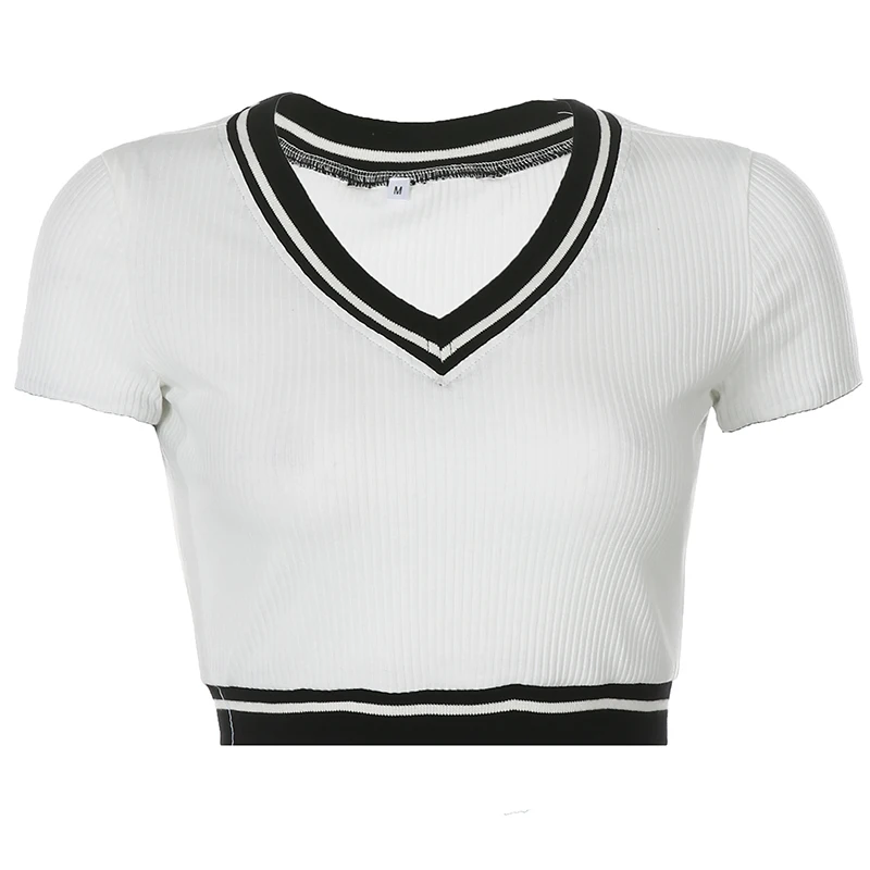 

Striped Patchwork Women's Cropped Top Deep V-neck Basic Cotton Shirts Casual Skinny Normal Tees Streetwear Summer Cuteandpsycho