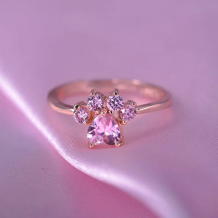 HNSP розовое золото розовый кристалл кошачья лапа регулируемое кольцо для женщин