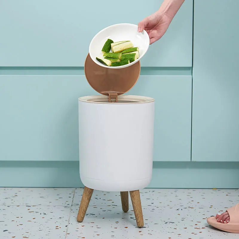 7L Fashion Nordic Style Trash Can High Foot Imitation Wood Top Trash Bin with Lid Waste Basket Garbage Cans for Kitchen Bathroom enlarge