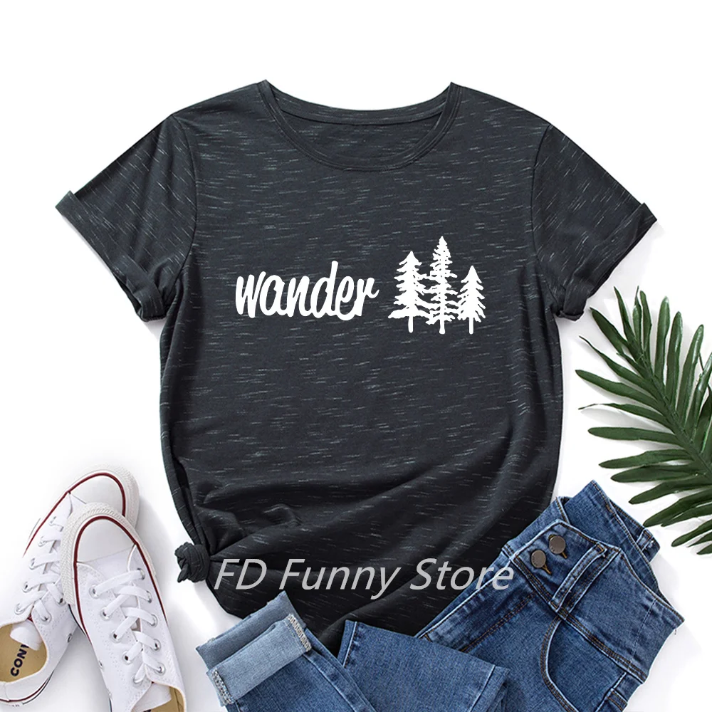 

Wander Trees Graphic Tee for Women Casual Short Sleeve Crewneck 100% Cotton Tshirt Hiking Travel Summer T-shirts Ladies Tops