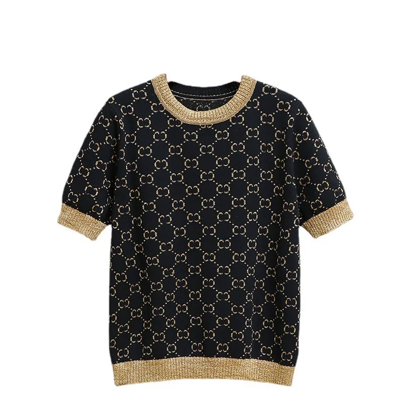 

Luxury Clothes Women 2021 Brand G Knitted Pullovers Women Summer Jumpers Short Sleeve Tees Gold Jacquard Sweater Female Y2K