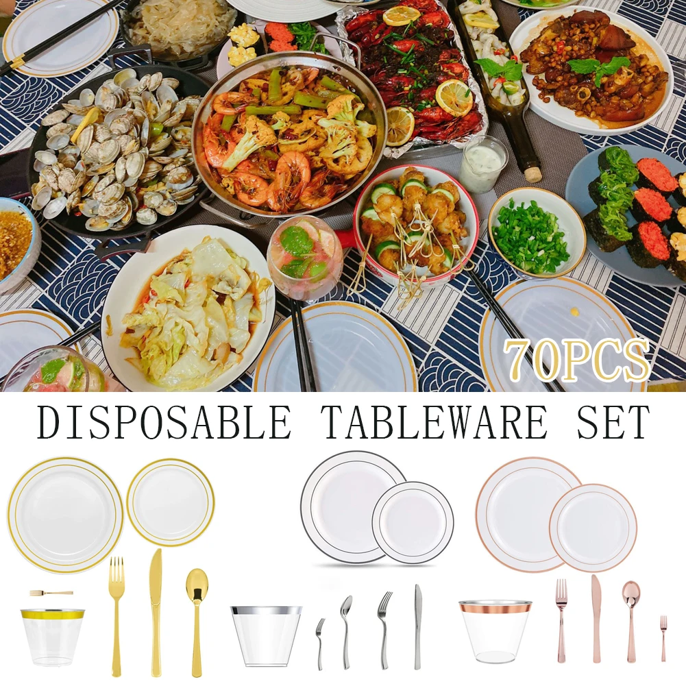 

Luxury Style Disposable Gold Dinnerware Set for Party or Wedding 10 Guest Gold Rim Plastic Plates Gold Rim Plastic Cups