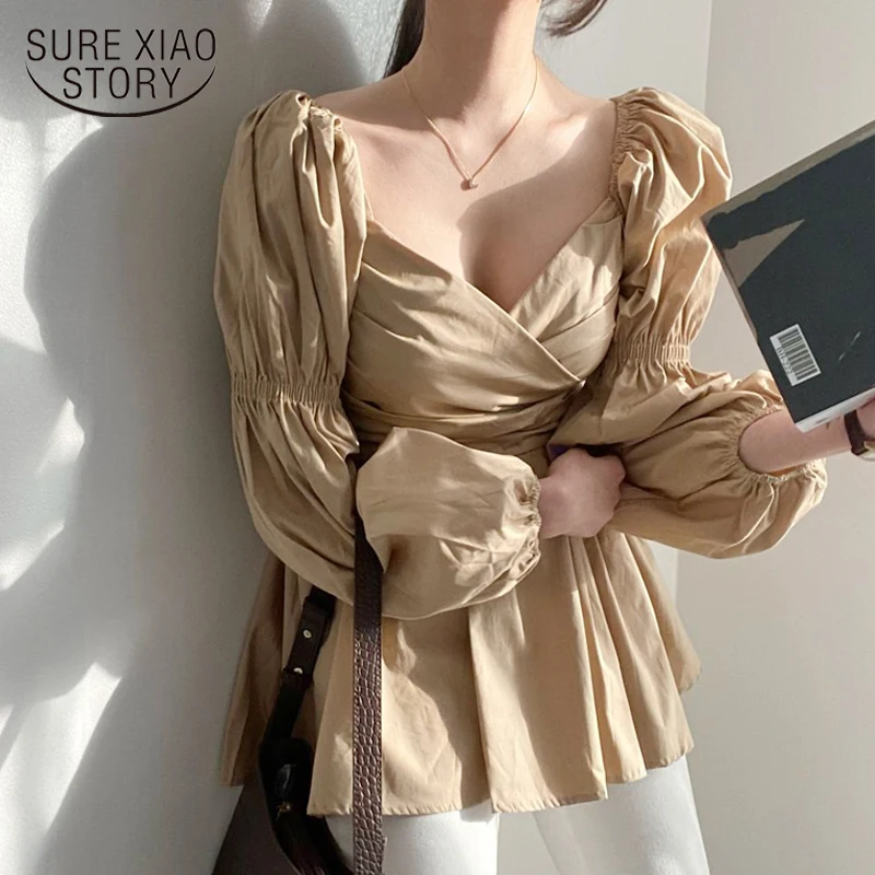 

Autumn New 2021 Gentle Chic V-neck Long Sleeve Shirt Elegant Puff Sleeve Women Blouse Solid Casual Cotton Top Blusas Femme 16366